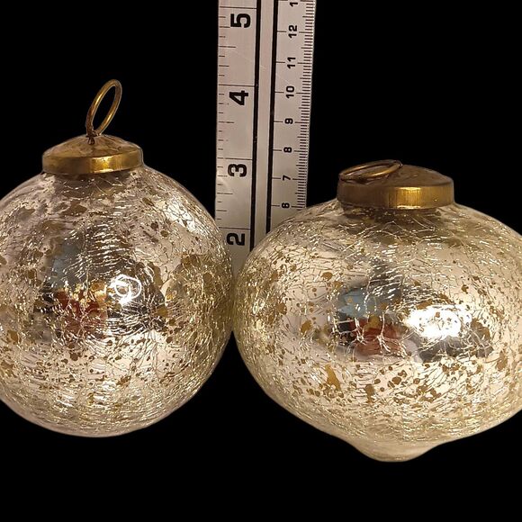 Large Silver Crackle Glass Gold Flakes Christmas Ornaments Kugel Style Set Of 4 - Picture 5 of 6